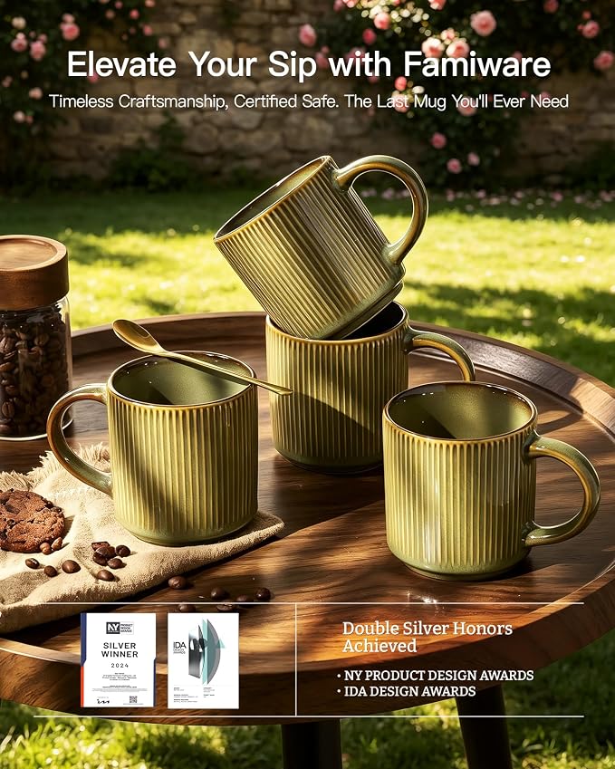 famiware Coffee Mug Set for 4, Star 12 oz Catering Mugs Cup Set with Handle for Coffee, Tea, Cocoa, Milk - Ceramic Stoneware Drinkware Set, Moss