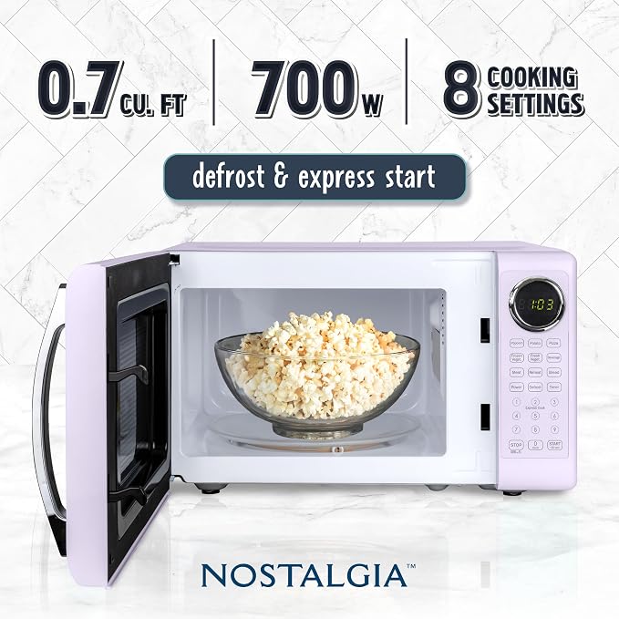 Nostalgia Modern Retro Compact Countertop Microwave Oven - 0.7 Cu. Ft. - 700-Watts with LED Digital Display - Child Lock - Easy Clean Interior - Lavender