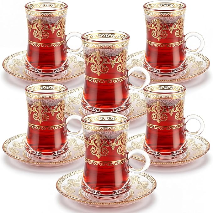 6-Piece Turkish Tea Glasses Cups Saucers Set 4 oz Vintage Gold Pattern Arabic Style Coffee Cups Set Moroccan Persian Coffee Glass Gold Drinkware for Turkish Tea, Espresso Drinking Party