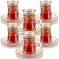 6-Piece Turkish Tea Glasses Cups Saucers Set 4 oz Vintage Gold Pattern Arabic Style Coffee Cups Set Moroccan Persian Coffee Glass Gold Drinkware for Turkish Tea, Espresso Drinking Party