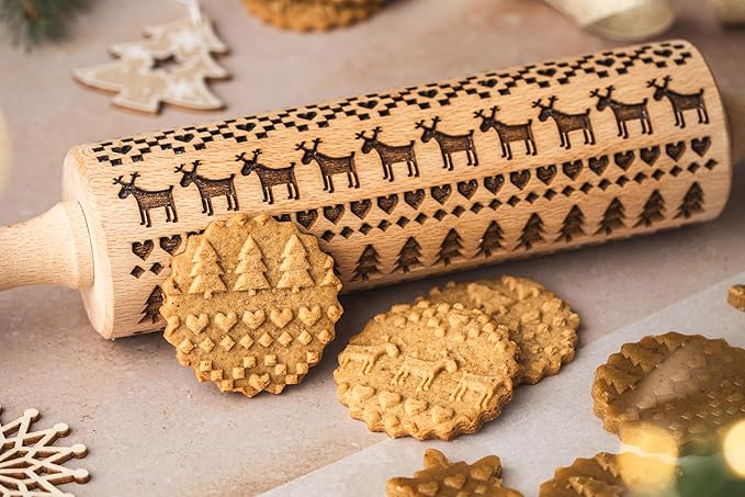 SCANDINAVIAN CHRISTMAS Embossing Rolling Pin Embossing Rolling Pin With Christmas Tree Deer Heart Gingerbread Cookies