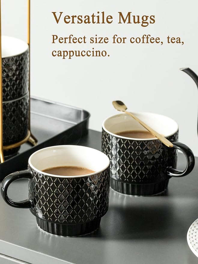 Gomakren Coffee Mugs Set of 4, 13 Ounce Stackable Coffee Mug Set with Stand, Father's Day Stoneware Coffee Cup with Spoon for Coffee, Milk, Tea, Cocoa, Black