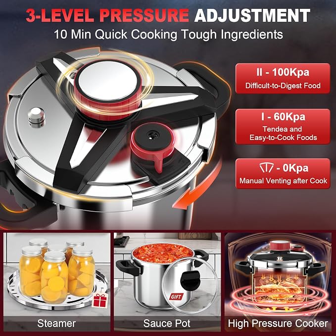 3-In-1 304 Stainless Steel Pressure Cooker 6.3 Quart: [Explosion-Proof] [3 PSI Settings], One-Hand Locking Pressure Canner, Induction Compatible, Glass Lid & Steamer Rack Included, Olla de Presion,N3