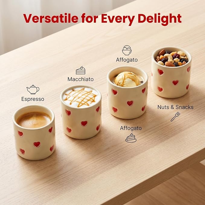 Espresso Cups Set of 4-5oz Ceramic Demitasse Cups with Red Heart Dots, Textured Non-Slip Surface for Grip, Small Coffee Mugs for Espresso, Latte, Cappuccino Home Barista, Dishwasher Safe