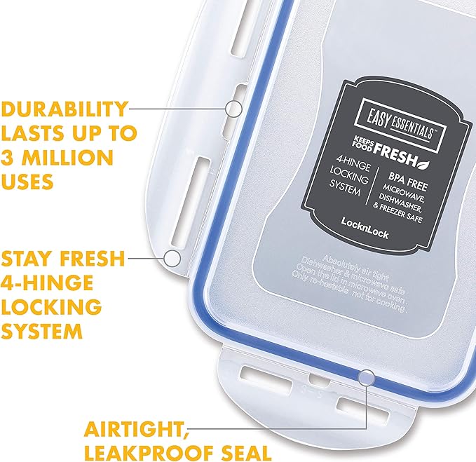 LOCK & LOCK LocknLock Easy Essentials Airtight Rectangular Tall Food Storage Container 7.61 Cup, 4 Piece, Clear
