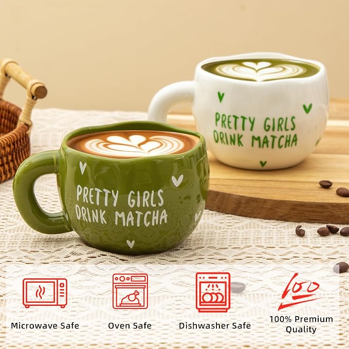 4pcs Ceramic Coffee Cups, 9.4OZ Cute Matcha Cup Set, Green & White, Dishwasher Safe Green Tea Mugs, Pretty Girls Collection