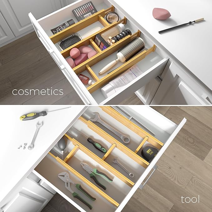 EcoFives Adjustable Bamboo Drawer Dividers with Inserts, Expandable Spring-Loaded Drawer Organizer for Kitchen, Clothes, Tools, Silverware, Bamboo Organizer Separators - 4 Large Pieces