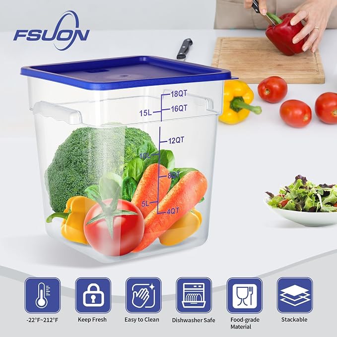 4 Pack 18 Qt Square Polycarbonate Food Storage Containers with Lids | Clear BPA-free PC with lids, side handles, measurement scale and stackable design; for food prep, storage and freezer use.