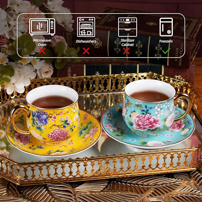 KAMMAK Tea Cups and Saucers Set of 2, Porcelain Coffee Cups, 7.1oz Stackable Espresso Mugs, Ceramic Demitasse for Coffee, Latte, Americano, Tea (940N+941N)