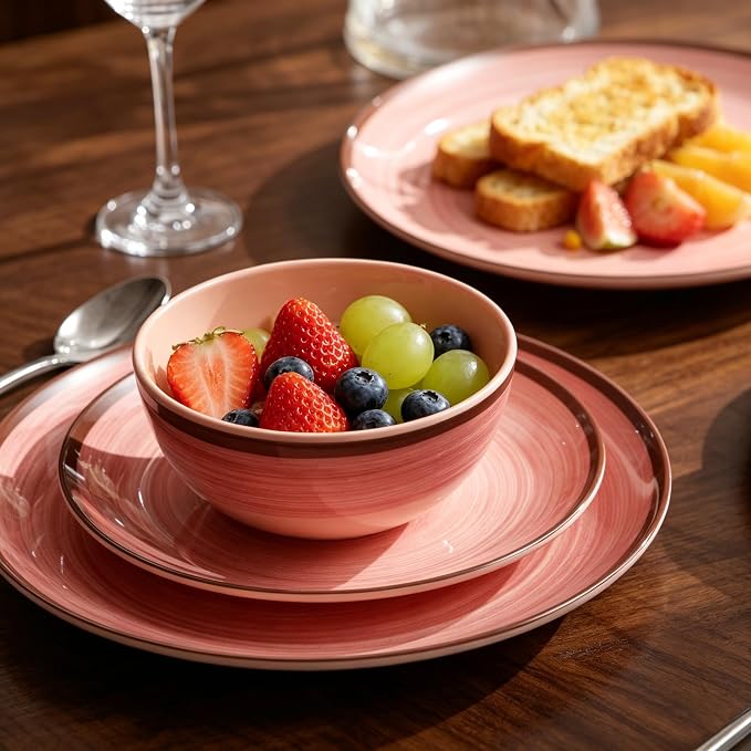 Melamine Plates and Bowls Sets, 12 Pcs Unbreakable Round Dinnerware Sets for 4, Decorative Reusable Kitchen Dishware, Lightweight for Camping RV Outdoor & Dishwasher Safe, Pink Thread
