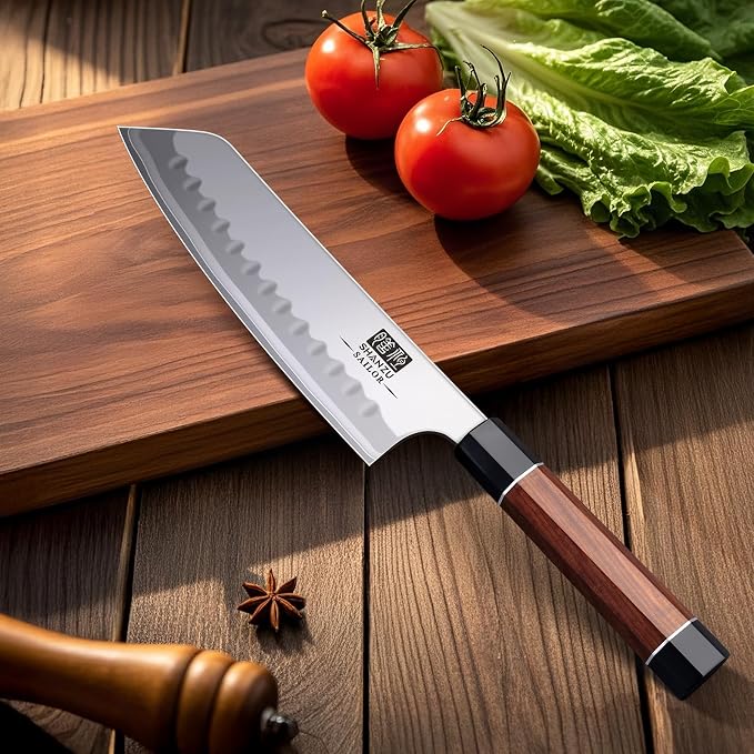 SHAN ZU 7 Inch Japanese Chef Knife, 9 Layers 10Cr15MoV High Carbon Steel Professional Kitchen Knife, Sharp Cooking Knife with Ergonomic Red Sandalwood Handle, Meat Cutting Sashimi Santoku Knife