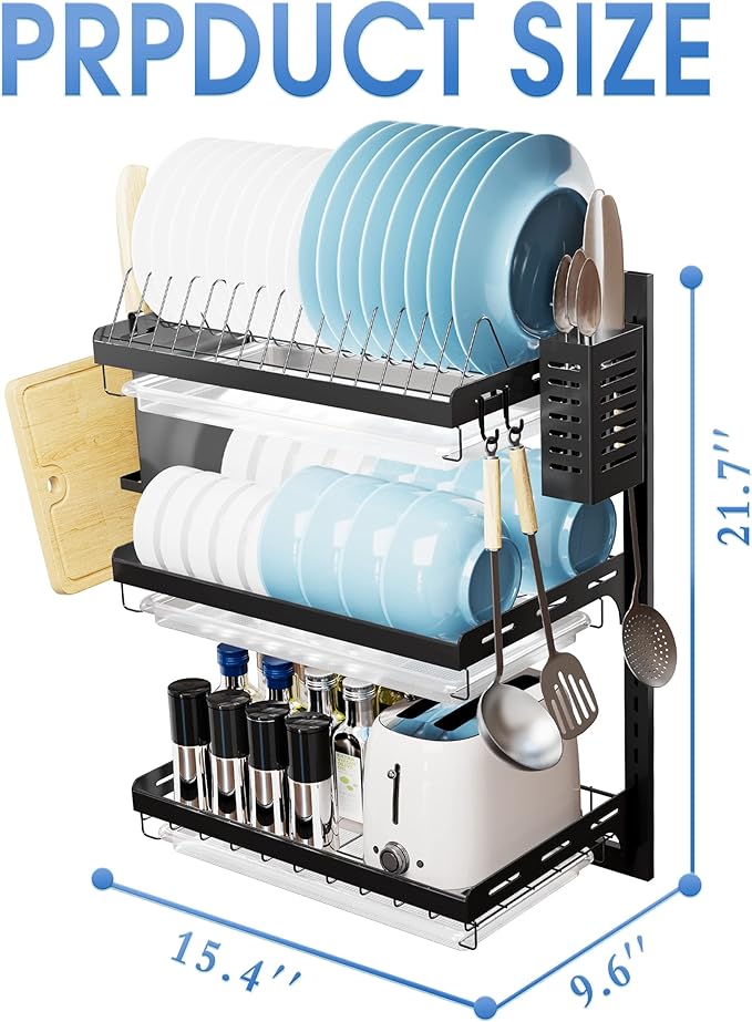 3 Tier Large Wall Mounted Dish Drainer, Stainless Steel Dish Rack, Dish Drying Rack for Kitchen with Utensil Organizer (Black)