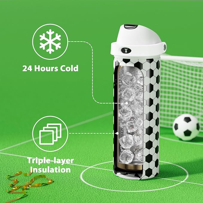 24 oz Insulated Water Bottle with Straw: Meoky Stainless Steel Soccer Water Bottle with 2-in-1 Lid - Leak Proof, Cold for 24 Hours, Fits in Car Cup Holder, Soccer Gifts for Boys Girls, Arena Light