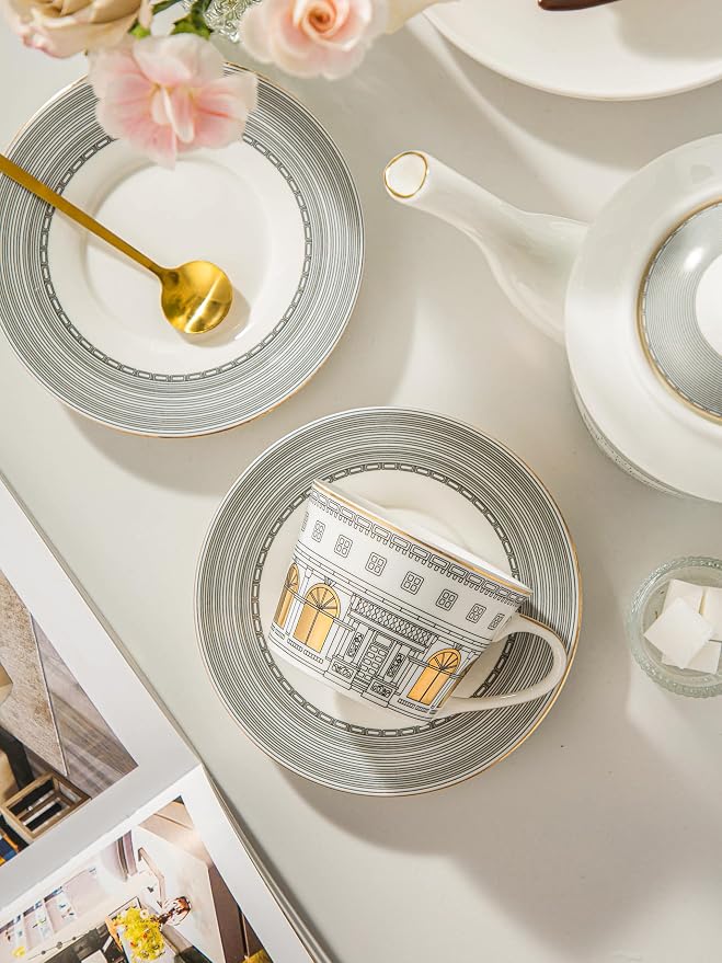 Domini Personalized Architectural Ceramic Tea Cup and Saucer Set,5-piece gift box set with 1 pot, 2 cups and 2 plates