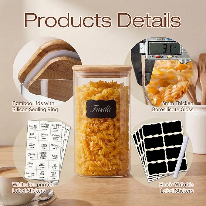 Extra Large Square Glass Flour & Sugar Storage Containers with Airtight Lids, 132oz & 63oz - 2 Pack Glass Jars with Bamboo Lids, Air tight Pantry Food Storage Containers for Cereal, Pasta, Rice