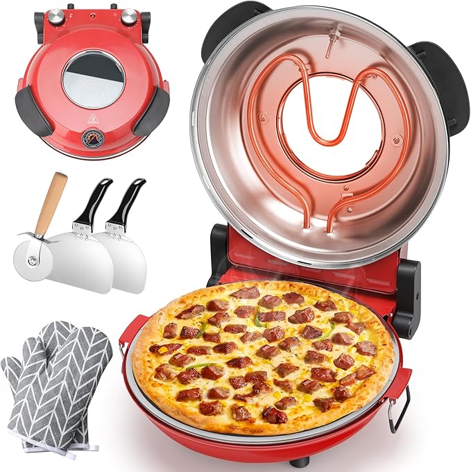 KEENSTAR Pizza Oven Indoor 12-Inch, Countertop Glazed Ceramic Stone Pizza maker with Adjustable Timer, 1200W Heat up to 800°F, Electric Pizza Cooker with Viewing Window Baked Pizzeria Style at Home