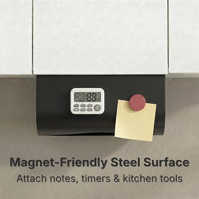 Under Cabinet Paper Towel Holder - No Drill Shelf Mount, Easy Tearing Design, Space-Saving, Magnet-Ready Steel Surface, Fits Standard US Rolls up to 11" (Black)