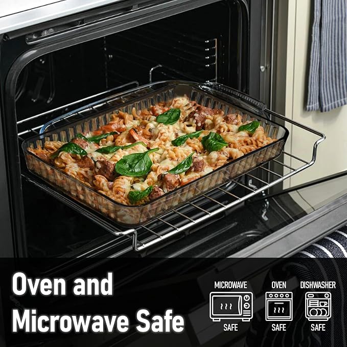 2-Piece Ums 4-Qt (16" x 11" x 2") Glass Baking Dishes for Oven, Glass Oven Pan & Tray Bakeware, Borosilicate Glass Casserole Dish Cookware, Microwave & Oven-Safe Clear Bakeware