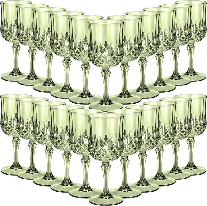 Sliner 60 Pcs 7oz Plastic Vintage Wine Glasses Drinking Goblets Unbreakable Crystal Water Glassware Reusable Diamond Champagne Flutes Cups for Wedding Banquet Birthday Party Supplies (Green)