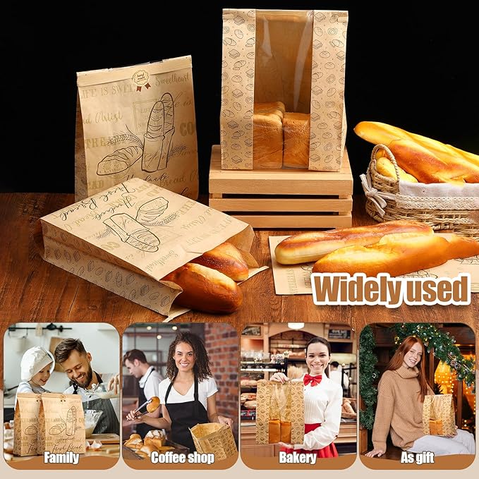 Feifeiya 250 Pack Kraft Paper Bread Bags for Homemade Sourdough Bread Bag with Clear Window 13.7 x 8.2 x 3.5 Large Bakery Packaging for Treat Storage Gift Giving with Seal Sticker