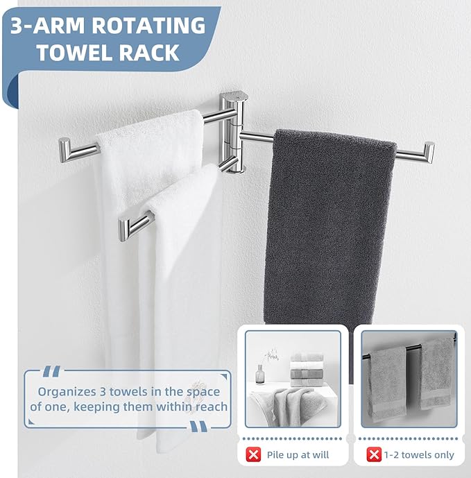 Aomasi Swivel Towel Rack for Bathroom, 304 Stainless Steel Wall Mounted Rotating Towel Holder with 3 Arms, Space Saving & Heavy Duty, Polished Chrome