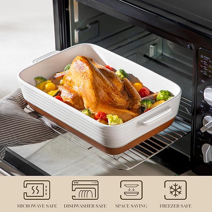 MALACASA Casserole Dishes for Oven, Ceramic Baking Dishes Set of 3, Baking Pan Casserole Dish Set, Rectangular Lasagna Pan Deep with Handles for Baking, Khaki White (14.5''/13''/10.5''), Series TARA