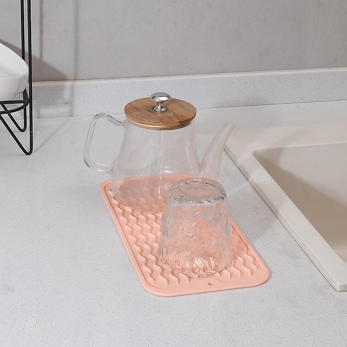 MicoYang Silicone Dish Drying Mat for Multiple Usage,Easy clean,Eco-friendly,Heat-resistant Silicone Mat for Kitchen Counter or Sink,Refrigerator or Drawer Liner Pink S 12 inches x 6 inches