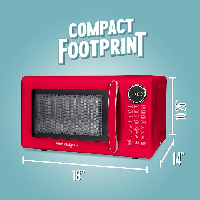 Nostalgia Modern Retro Compact Countertop Microwave Oven - 0.7 Cu. Ft. - 700-Watts with LED Digital Display - Child Lock - Easy Clean Interior - Red