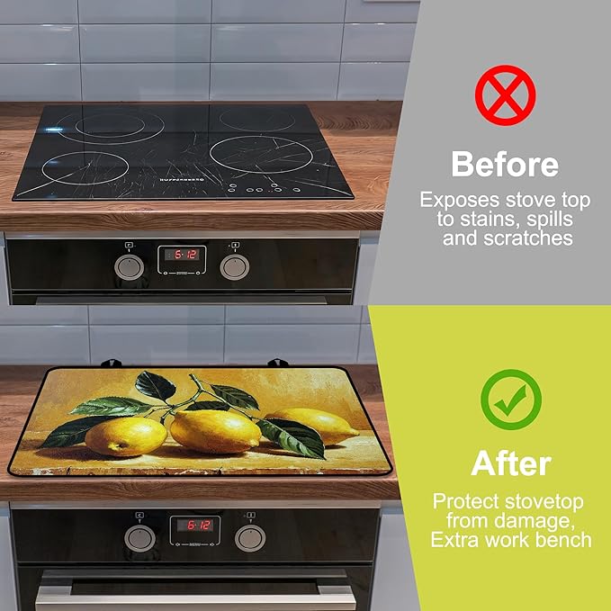 Glass stove top cover 28"x 20", Stove Top Covers for Electric Stove, Flat Range Mat for Glass Cooktop, Kitchen Heat-Resistant Protector Non-Slip Drying Mat (Lemon)