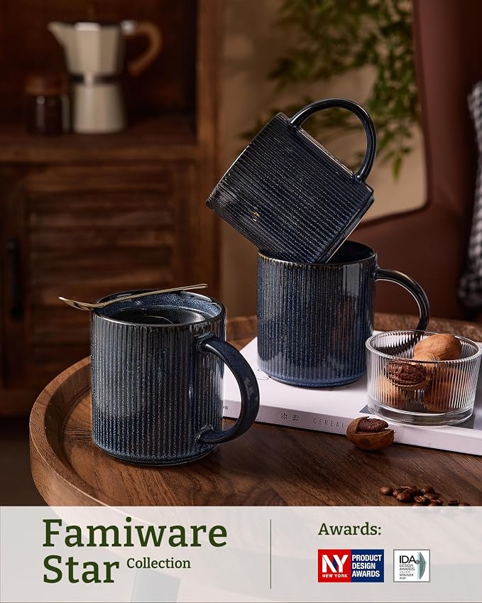 famiware Coffee Mug Set for 4, Star 16 oz Catering Mugs Cup Set with Handle for Coffee, Tea, Cocoa, Milk - Ceramic Stoneware Drinkware Set, Nebulas Blue