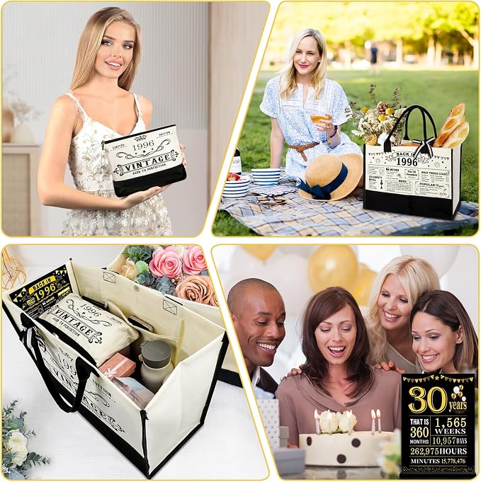 YeohJoy 30th Birthday Gifts for Women Canvas Tote Bag Travel Gear, Unique 30 Years Old Birthday Gifts for Mom Wife Aunt Friends Her, Vintage 1996 Handbag & Cosmetic Bag & Back in 1996 Poster