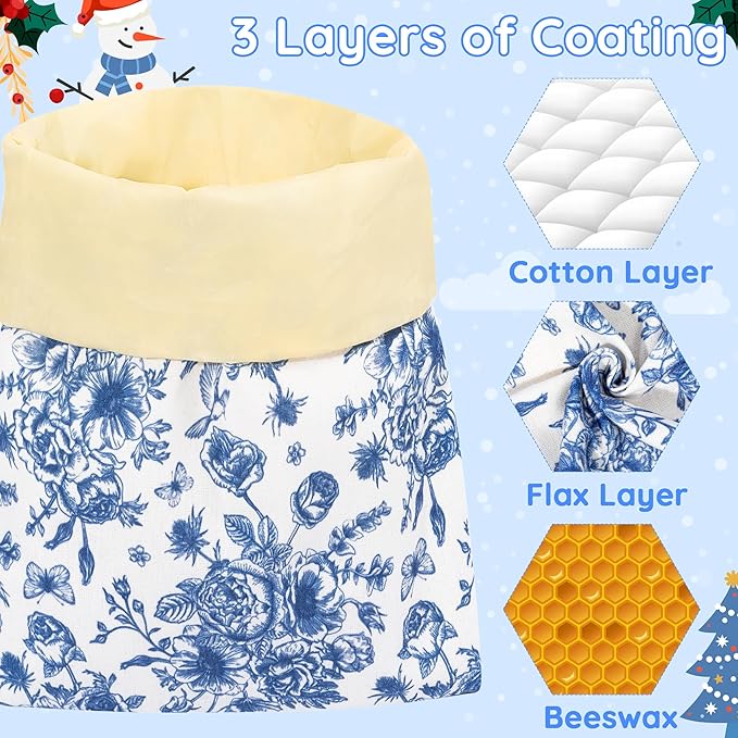 Reusable Beeswax Bread Bags - 2 Pack Bees Wax Homemade Sourdough Bread Storage Bags, Linen Cotton Large Beeswax Freezer for Home Kitchen Baking (Blue White Checkered, Flower)