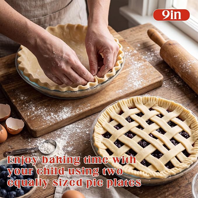 2 Pcs 9 Inch Glass Pie Plate with Lid for Baking Large Stackable Glass Round Pie Baking Dish for Fruit, Quiches, Pumpkin, Kitchen Oven Refrigerator Family Clear