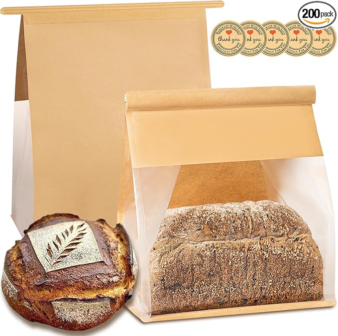 Heavy Duty Large Paper Bread Bags with Tin Tie Tab Lock 200pcs, Loaf Bag with Clear Front Window, Storage Packaging Treat Bag for Bakery Cafe Homemade Bread 10.6” × 4.3” × 8.7”