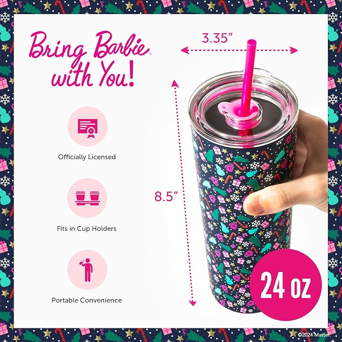 Dragon Glassware x Barbie Vacuum Insulated Tumbler, 24 oz - Christmas | Stainless Steel Tumbler with Straw & Lid; Double Walled Barbie Tumbler; Fits Cup Holders; Official Barbie Merch