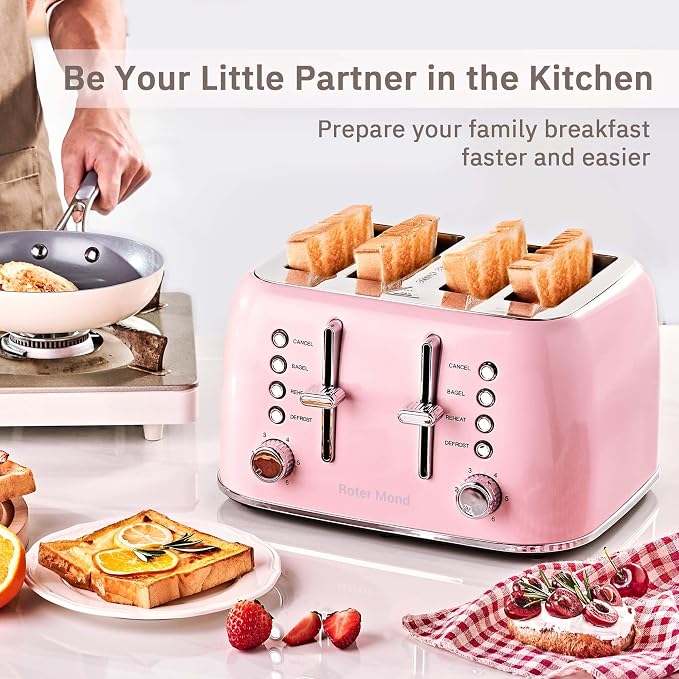 Roter Mond Toaster 4 Slice Retro Stainless Steel with Extra Wide Slots Bagel, Defrost, Reheat Function, Dual Independent Control Panel, Removable Crumb Tray, 6 Browning Levels, Pink