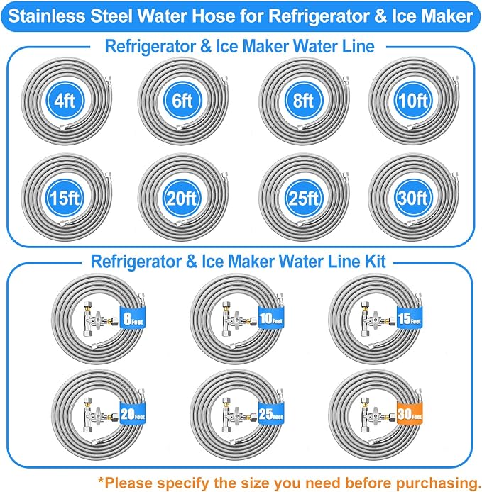 HAOCHEN Stainless Steel & PEX 20FT & 30FT Refrigerator Water Line Kit (2Pcs) with Tee Stop Valve, Silver, 1/4" Fittings, Ice Maker & Refrigerator Compatible