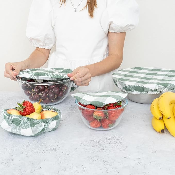 Sage Green Cotton Bowl Covers - 8 Pack, Reusable, Washable, 100% Cotton Fabric Set to Cover Fruits, Vegetables and Regulate Moisture - Elastic Closure for Salads, Bread & Leftovers (Sage Green)