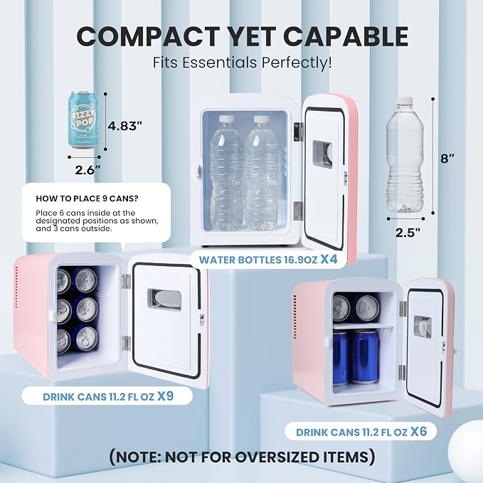 Simple Deluxe 6L/9 Can Mini Fridge with Observation Window, Portable Cooler & Warmer Freon-Free Small Refrigerator, Compact for Skincare, Beverage, Food, Cosmetics, Pink