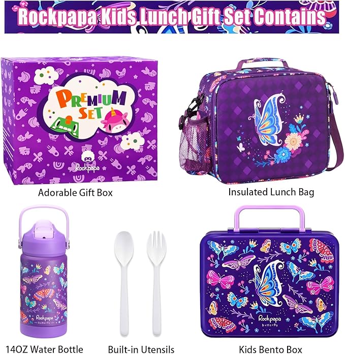 rockpapa Kids Lunch Box Set with 14oz Insulated Water Bottle & Lunch Bag, Leakproof 5.5 Cups Bento Box for School & Children, BPA-Free, Microwave Safe for Boys Girls (Purple Butterfly)