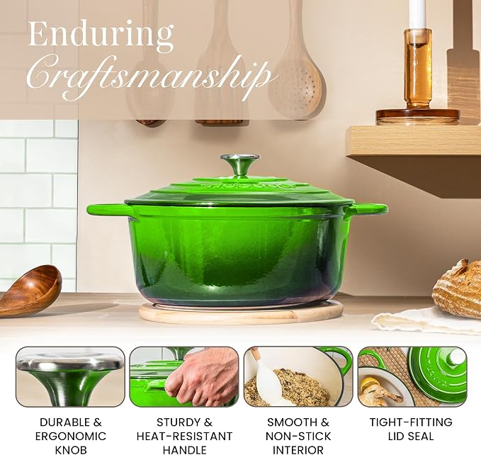 Cast Iron Pot with Lid-Non-Stick Ovenproof Enamelled Casserole Pot, Oven Safe up to 500° F-Sturdy Dutch Oven Cookware - Green, 5-Quart, 24cm-by Nuovva