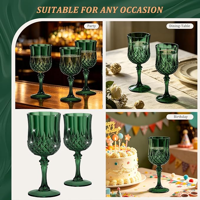 7OZ Plastic Wine Glasses, Reusable Vintage Goblets Unbreakable Drinking Glasses Crystal Water Cups Champagne for Wedding, Parties (48, Dark Green)