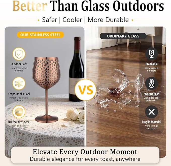 UNISWEET Stainless Steel Wine Glasses Set of 4 Unbreakable (Red Copper) | 17 oz Large-capacity Hammered Goblets, Lightweight & Reusable, Good for Outdoor, Camping, Pool Travel, Gift for Wine Lovers