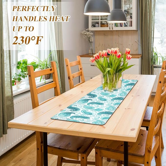 2 in 1 Table Runner Trivet for Hot Pots and Pans Heat Resistant Non Slip Waterproof 39 x 12 Inch Decorative Table Protector for Kitchen Countertop Teal Paisley