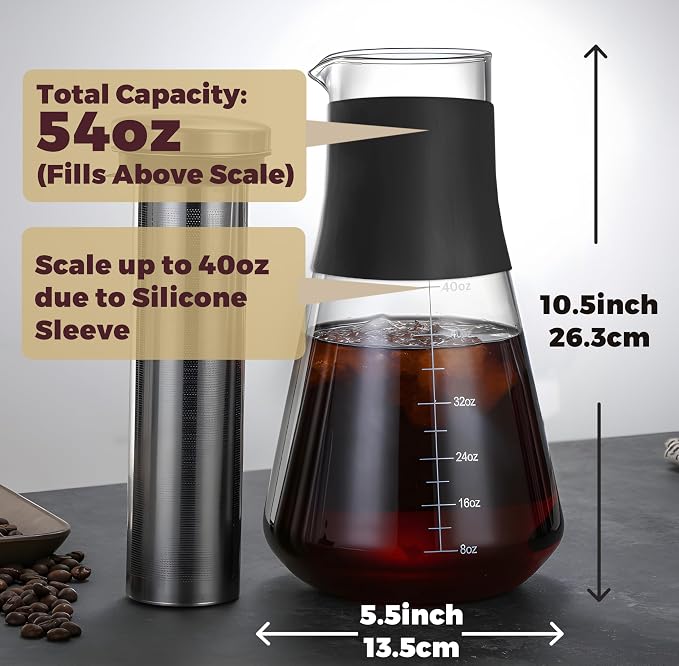 AGOGO Glass Coffee Maker & Tea Pitcher, Hot & Cold Immersion Brewer with Stainless Steel Filter, Silicone Grip Carafe for Countertop Sharing, Iced Tea & Fruit Water, Gift Box 54oz