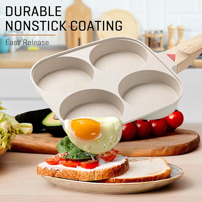 MyLifeUNIT Egg Pan, 4-Cup Egg Frying Pan with Lid, Nonstick Aluminium Alloy Egg Cooker for Breakfast, Pancake, Burger, Sandwiches, Suitable for Gas Stove & Induction Cookware (White)