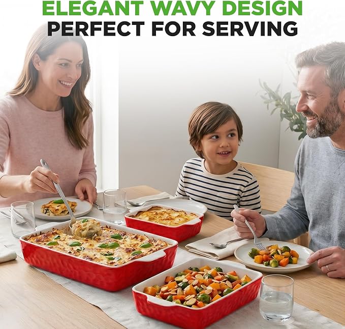 NutriChef 3-Piece Ceramic Casserole Dish for Oven - Premium Lasagna Baking Pans w/ Nonstick Coating & Built-In Handles - Dishwasher & Microwave Safe - 14" x 8", 10" x 6", 7" x 5" - Red
