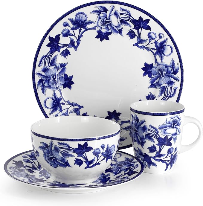 Elama Cattleya Orchid Design 16 Piece Round Porcelain Dinnerware Set in Blue and White, Tableware Set, Service for 4