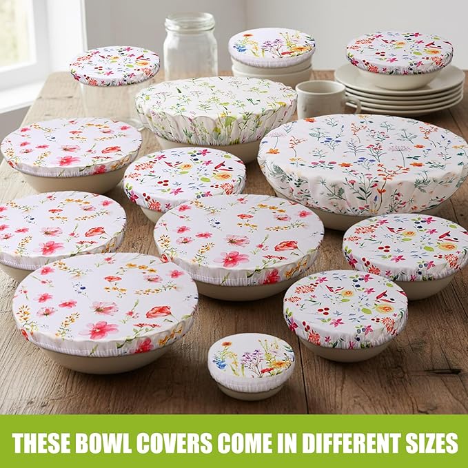 Patelai 10 Pcs Bowl Covers Reusable in 5 Size Stretch Cloth Fabric Elastic Food Storage Bowl Covers Bread Sourdough Lids for Proofing Food Fruits Leftover(Colorful,Spring Style)