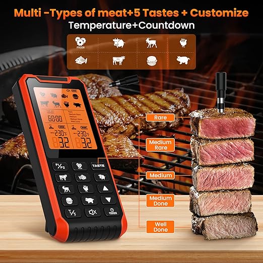 300FT Wireless Meat Thermometer with 2 Probes-Rechargeable, Rechargeable Digital Digital Cooking Thermometer with Alarm Function Preprogrammed Temperatures for The Oven, Kitchen, BBQ IP67